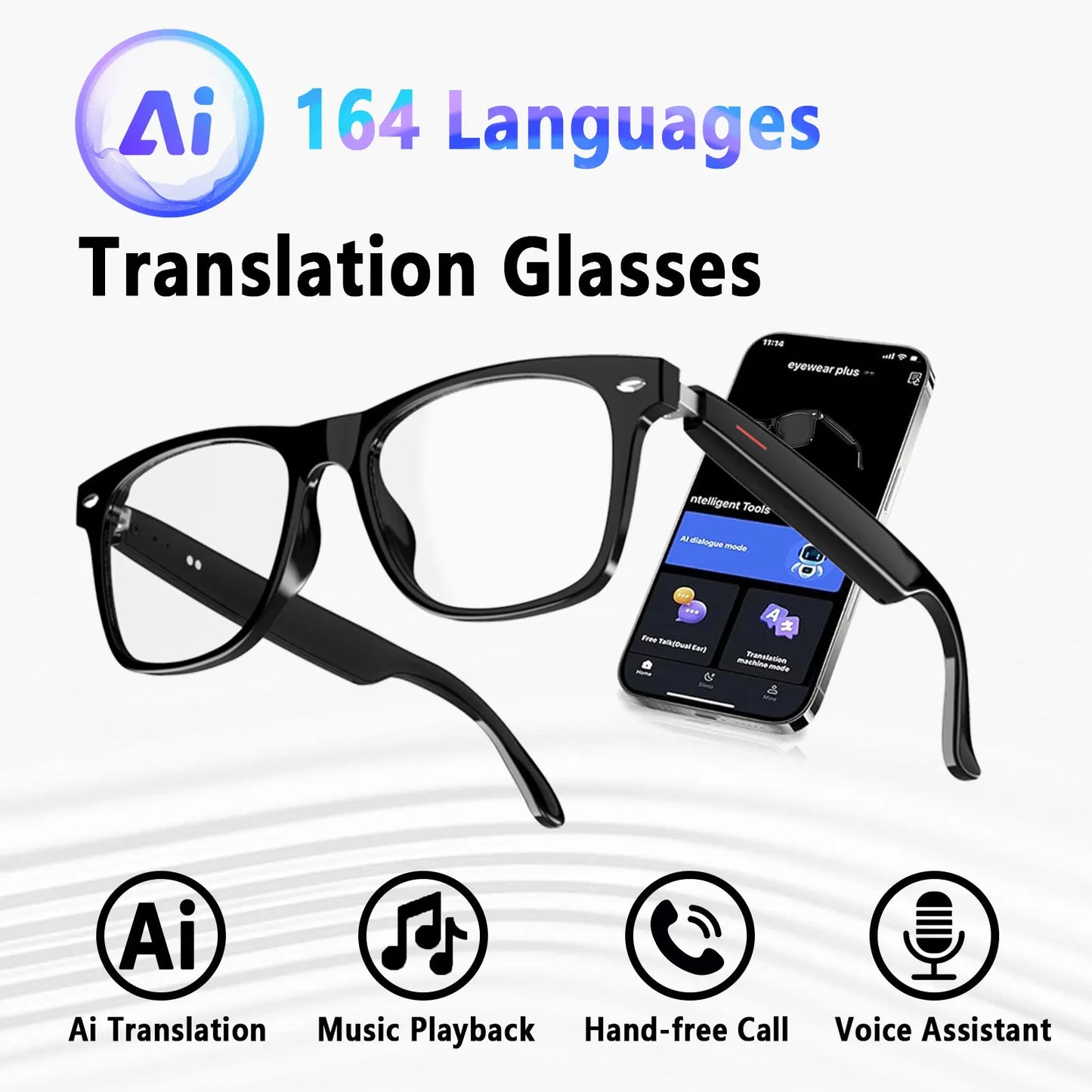 Smart AI translation glasses equipped with anti-blue light lenses, supporting real-time application translation in 164 languages