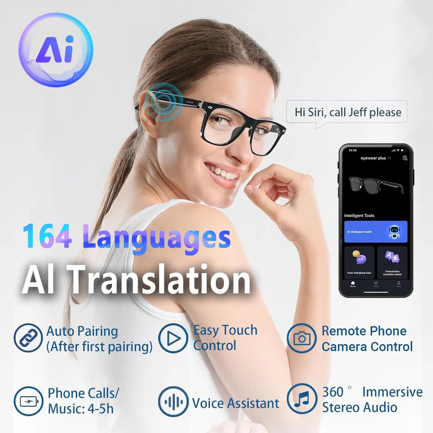 Smart AI translation glasses equipped with anti-blue light lenses, supporting real-time application translation in 164 languages