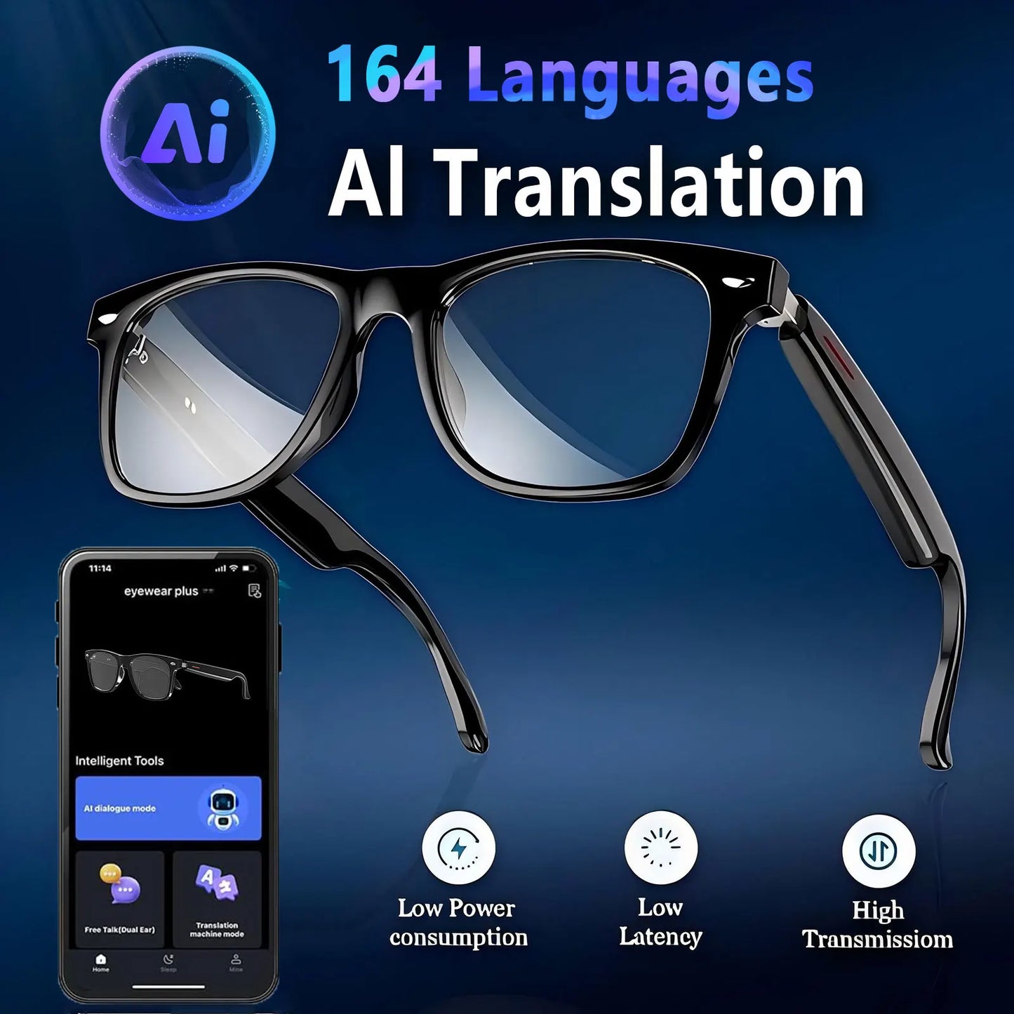 Smart AI translation glasses equipped with anti-blue light lenses, supporting real-time application translation in 164 languages