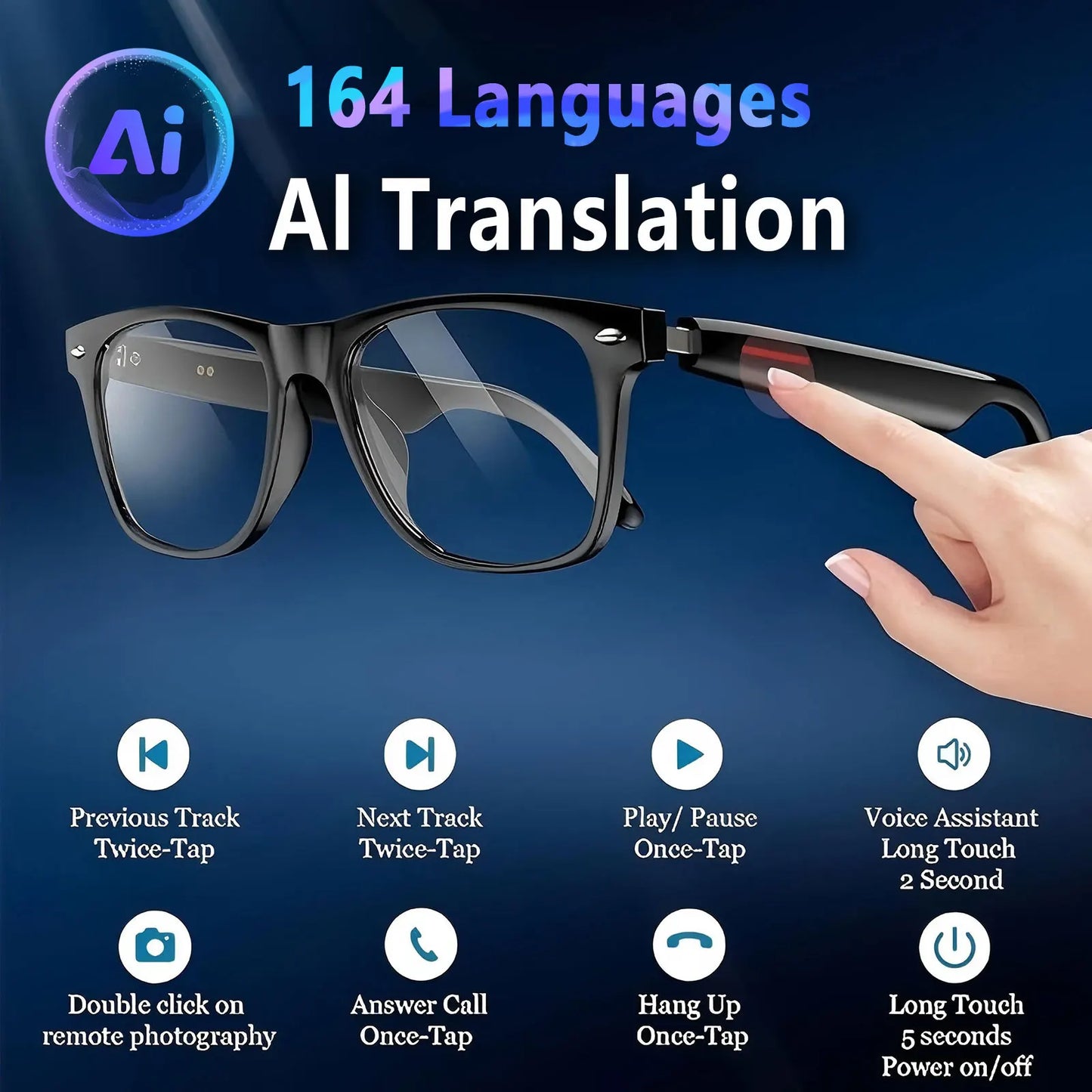 Smart AI translation glasses equipped with anti-blue light lenses, supporting real-time application translation in 164 languages