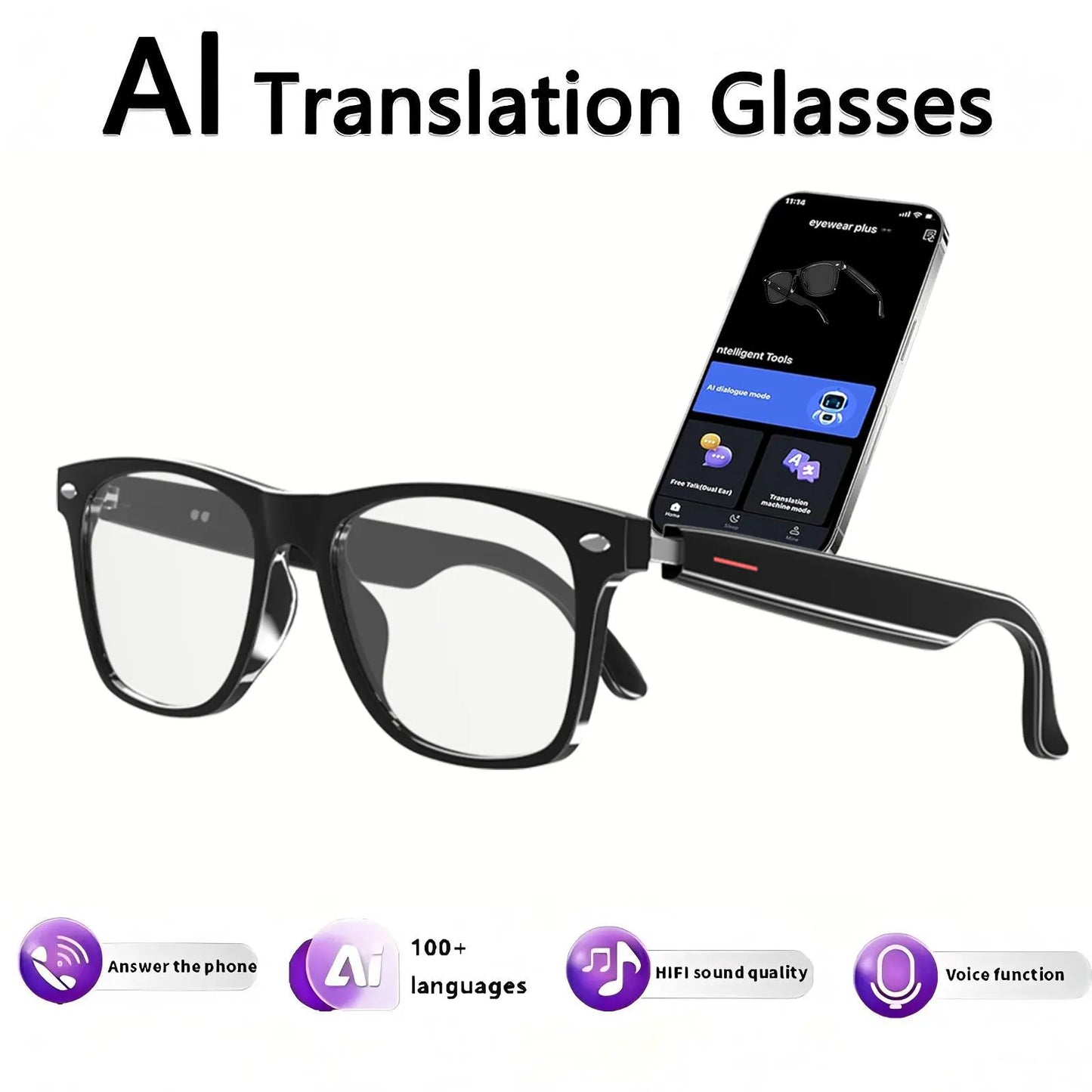Smart AI translation glasses equipped with anti-blue light lenses, supporting real-time application translation in 164 languages