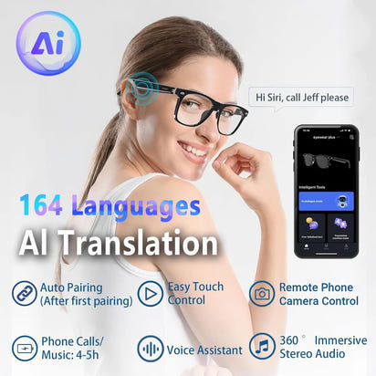 Smart AI translation glasses equipped with anti-blue light lenses, supporting real-time application translation in 164 languages